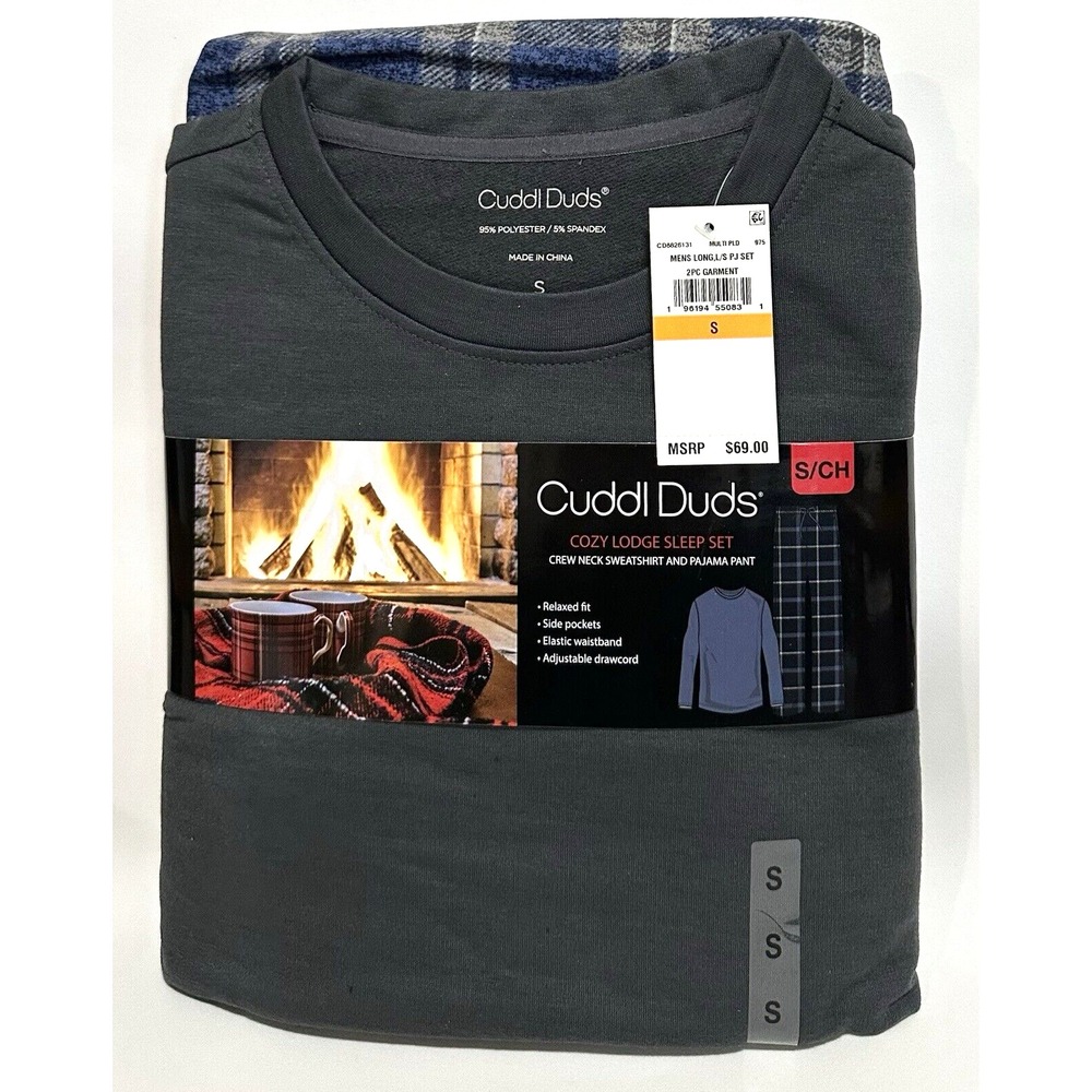 Cuddl Duds Cabin Fleece Sleep 2Pc PJ Set Mens S Gray Sweatshirt Blue Plaid Pant